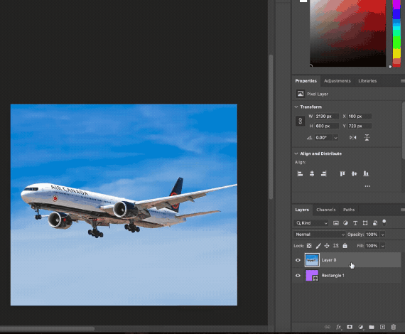 Using the layer mask tool in photoshop to select and isolate the airplane in an image of an airplane flying through a clear blue sky. 