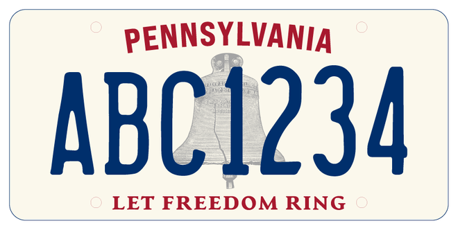 The New Pennsylvania State License Plate to Celebrate America's 250th Anniversary - and off white license plate with "Pennsylvania Let Freedom Ring" and a liberty bell in the background