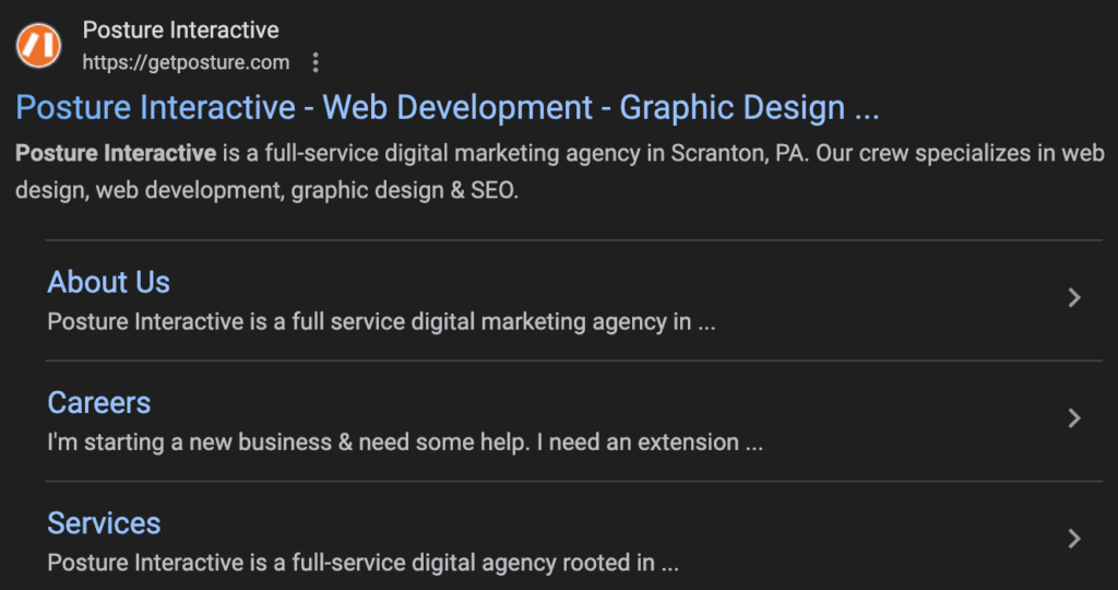 Search Engine Results Page showing Posture Interactive, a full service marketing agency, with Weblinks to their website pages